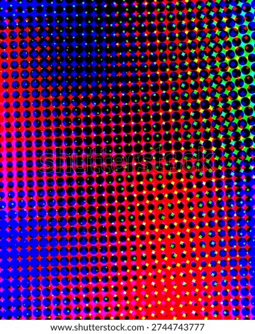 A colorful halftone pattern composed of small black dots on a multicolored background,...