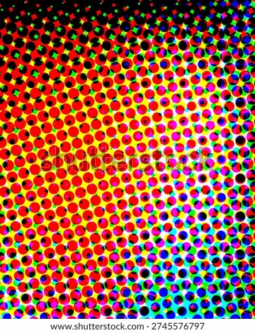 A colorful halftone pattern composed of small red, yellow, blue, green, and black dots on a...