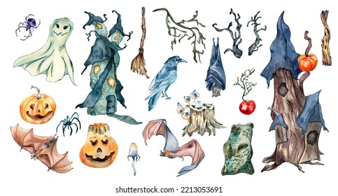 Colorful Halloween Clipart With Haunted House Watercolor Illustration Isolated On White. Magic Hut, Ghost, Bat, Crow, And Spider, Pumpkin Hand Drawn. Design Element For Print, Halloween Collection.