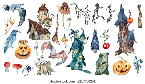 Colorful Halloween Clipart With Haunted House Watercolor Illustration Isolated On White.