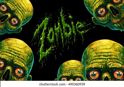 Colorful halloween illustration with the creepy cartoon  zombie characters. Creepy horror text