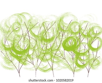 Colorful hand drawn bright spring trees on white background, isolated cartoon green forest illustration painted by pen, high quality