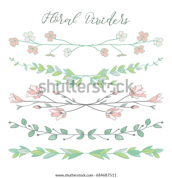 Colorful Hand Drawn Doodle Dividers, Line\
Borders with Branches, Herbs, Plants and Flowers. Decorative\
Illustration. Floral\
Dividers