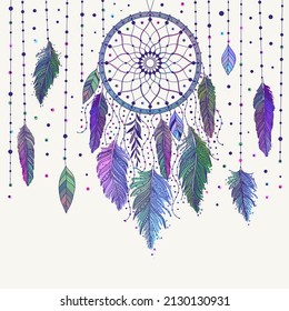 Colorful hand drawn dreamcatcher with floral details and feathers