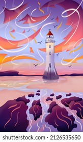Colorful hand drawn illustration of lighthouse with beacon on seashore. Ocean with rocks. Sunrise or sunset bright colors. White pharos with red roof. Seascape with signal building
