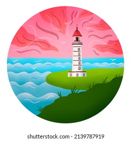 Colorful hand drawn illustration of lighthouse on seashore. Green land, seagulls in the sky, ocean. Sunrise or sunset clouds bright colors. White pharos with red roof. Seascape with signal building