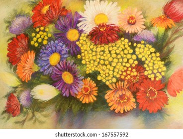 colorful hand drawn pastel painting of beautiful flower bouquet 