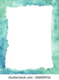 Colorful hand painted blue watercolor  frame border  on  textured paper