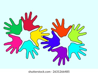 Colorful hands interlock like gears forming two circles in pop art style. Symbolizing diversity, unity, collaboration, equality, inclusion, teamwork, cultural harmony and global connection. - Powered by Shutterstock - Get 15% off with code: PIKWIZARD15