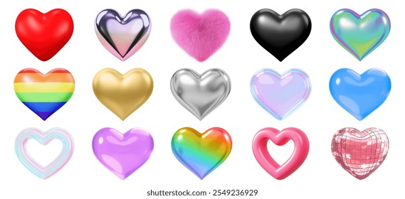 Colorful heart icons in various styles: red, metallic, furry, rainbow, gold, silver, and holographic. Hearts in vibrant, shiny, and textured designs. 3D love illustrations isolated on white.
