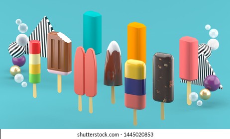 Colorful ice cream sticks surrounded by colorful balls on a blue background.-3d rendering.