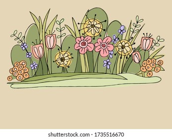 Colorful illustrated bouquet of phantasy flowers on beige background with copy space.