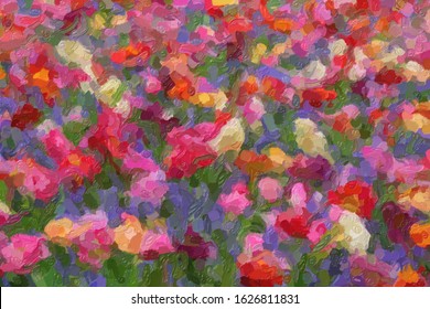 Colorful illustration background with different tulips in spring garden.Beautiful floral wallpaper design edited with oil paint filter