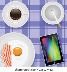 colorful illustration  breakfast with eggs and bacon on the table