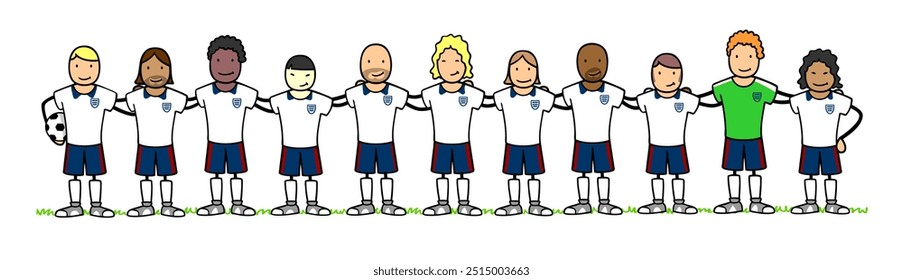 Colorful illustration of a diverse team of male football players wearing England team jerseys, standing together on grass. - Powered by Shutterstock