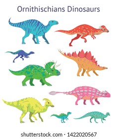 Colorful Illustration Of Ornithischian Dinosaurs On White Background. Side View. Set Of Dinosaurs. Ornithischia. Proportional Dimensions. Element For Your Desing, Blog, Journal.