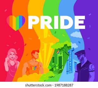 Colorful Illustration For Pride Month And Pride Day Celebrations Featuring Men, Gay, Transgender People, Greenwich Valley And Stonewall Inn Bar With Flag Background