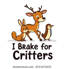 A colorful illustration promoting wildlife conservation. It features a variety of critters crossing a road, with the message "I Brake for Critters" in bold letters. Perfect for animal lovers. - Powered by Shutterstock