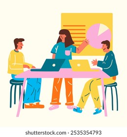 Colorful illustration of three people in a meeting with laptops. A woman presents a chart. Diverse group discussing, collaborating, and sharing ideas in a meeting. Business meeting. - Powered by Shutterstock