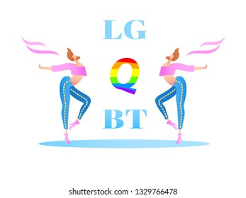  Colorful Illustration, Trendy Gay Men On Heels With A Rainbow Heart And LGBT Text. Flat Cartoon Style, Isolated. Applicable For Homosexual, Transgender Rights Concepts, Logos Etc.