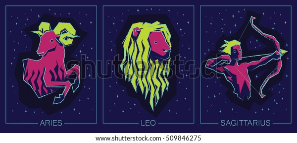 Colorful\
illustration of Zodiac Signs on Night Starry Sky Background. Zodiac\
Fire Signs: Aries, Leo,\
Sagittarius.