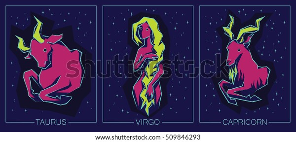 Colorful\
illustration of Zodiac Signs on Night Starry Sky Background. Zodiac\
Earth Signs: Taurus, Virgo,\
Capricorn.
