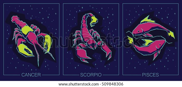 Colorful\
illustration of Zodiac Signs on Night Starry Sky Background. Zodiac\
Water Signs: Cancer, Scorpio,\
Pisces.