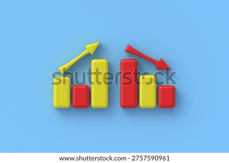 Colorful increasing and decreasing bar graph with arrows on blue background. Top view. 3d render