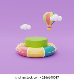 Colorful Inflatable Ring And Display With Colorful Hot Air Ballon Floating On Purple Background, Summer Time Concept, 3d Rendering.