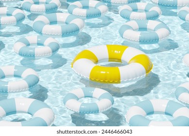 Colorful inflatable swim rings in swimming pool for summertime vacation. Summer pattern. 3d illustration, rendering. Background for summer postcard, flyer, poster. - Powered by Shutterstock