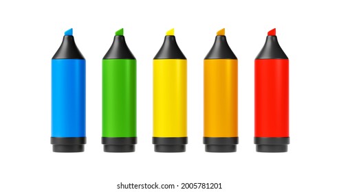 Colorful Ink Marker Pen Or Drawing Highlighter Pencil Graphic Art Design Isolated On White Background With Education Stationery For Vivid Creative Color Concept. 3D Rendering.