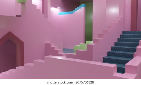 Colorful intricate buildings and stairs. Abstract shapes mazes. The scenery is similar to the TV series 
