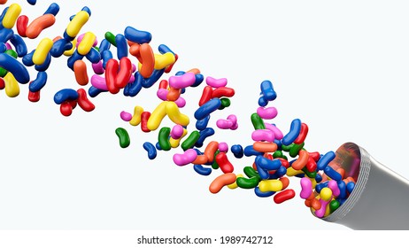 Colorful Jelly Beans Spilling Out From Snack Wrapper Pack In 3d Illustration, Pile Of Multiple Jelly Bean Candies