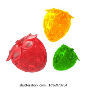 Colorful Jelly Candies In Strawberry Mold Isolated On White Background. 3D Rendering.