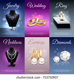 Colorful Jewelry Realistic Banners With Necklaces Rings Earrings Diamonds Bokeh And Light Effects Isolated  Illustration