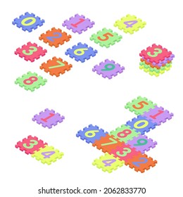 Colorful Kids Baby Floor Foam Mat Puzzle With Numbers Isometric View. Isolated On White Background. Raster