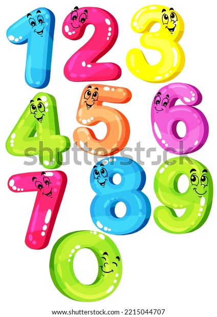 Colorful kids font numbers from 1\
to 0 with cartoon eyes with different emotions.\
illustration.