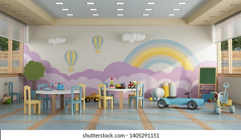 Colorful kindergarten class without childs ,school desk,chair,toy and decoration on background wall- 3d rendering
