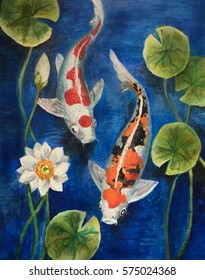 Colorful koi fish in a pond. Painting on canvas.