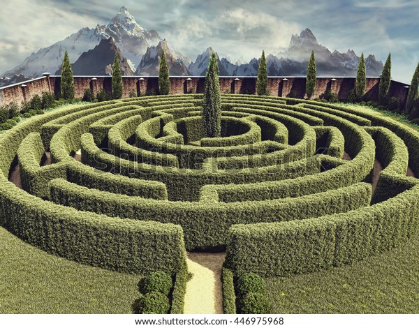幻想的な庭の迷路を持つカラフルな風景 3dイラスト のイラスト素材