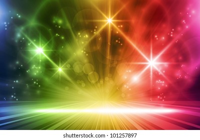 Colorful Light Show. Multicolored Light Effects Background For Any Magical Event Full Of Energy. Space For You Message. Vector Version Available.