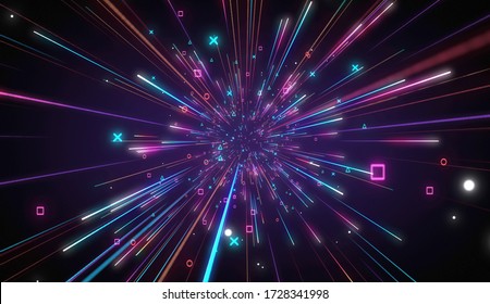 Colorful Of Light Streaks And Geometric Icon, Game And Technology Concept Background, 3D Illudtration.