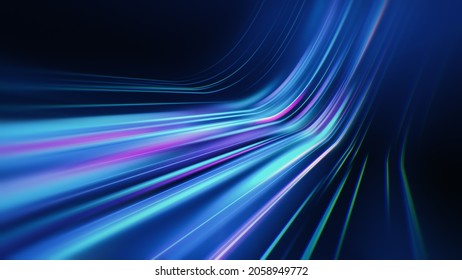 Colorful Light Trail Illustration. Blue Technology Background With Energy Stream. Abstract Dynamic Flow For Sci Fi Concept.