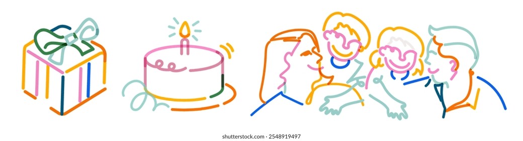 Colorful line art of a gift, cake, and group of people celebrating. Features a present, birthday cake, and diverse group in a festive scene. Aesthetic illustrations isolated on white background. - Powered by Shutterstock