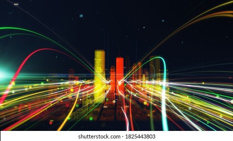 Colorful line particle City data digital futuristic network connection. 3D Rendering Technology concept.