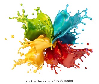 Colorful liquid paint splash isolated on white. Holi background, colored liquid waves splashes, red, yellow, green, blue bright oil, acrylic, ink, watercolor colors. Abstract 3D art illustration  - Powered by Shutterstock