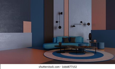 Colorful Living Room, Lounge With Blue Sofa, Coffee Table And Decors, Plaster Colored Panels, Round Carpet, Wall Lamps, Background With Copy Space, Expo Interior Design Concept Idea, 3d Illustration