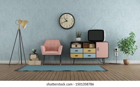 Colorful Living Room In Vintage Style With Sideboard,armchair And Tv - 3d Rendering