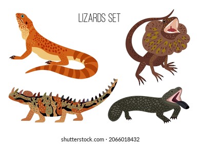 Colorful Lizards. Cartoon Crawling Australian Reptiles With Tail, Exotic Animals Of Zoo, Illustration Set Of Ancient Lizard Isolated On White Background