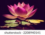 Colorful lotus flowers floating in a lily-filled pond. Green lilypads and wet texture with epic natural lighting. Computer-generated 3D image with no reference